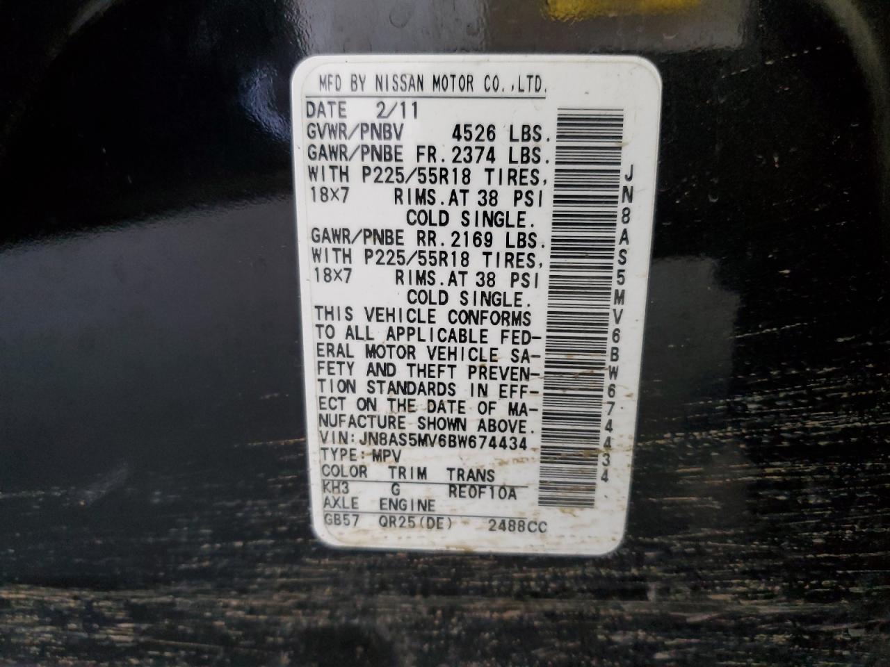 2011 Nissan Rogue S VIN: JN8AS5MV6BW674434 Lot: 62327104