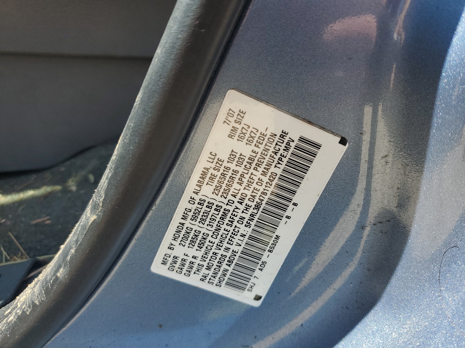 5FNRL38647B112420 2007 Honda Odyssey Exl
