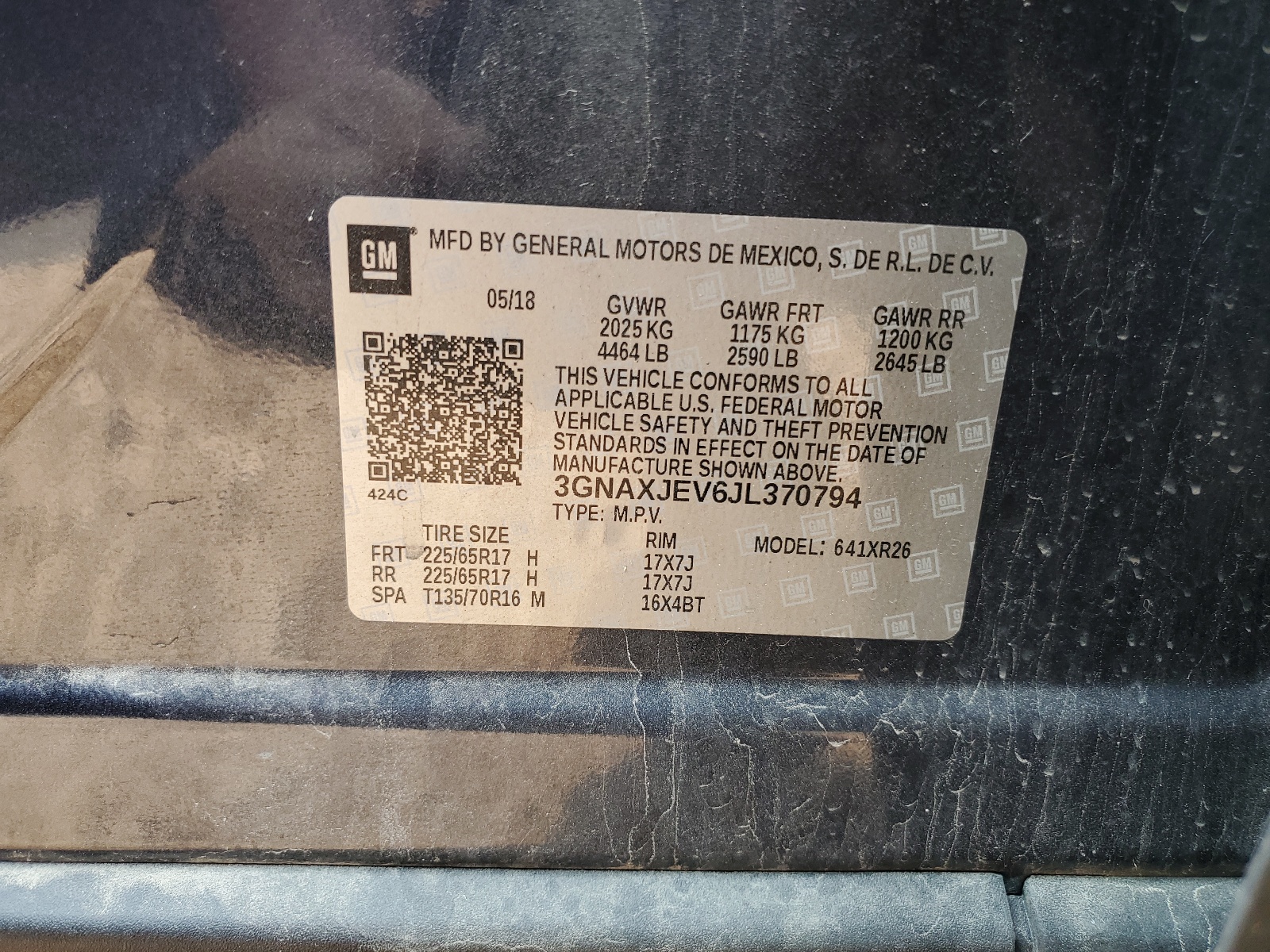 3GNAXJEV6JL370794 2018 Chevrolet Equinox Lt