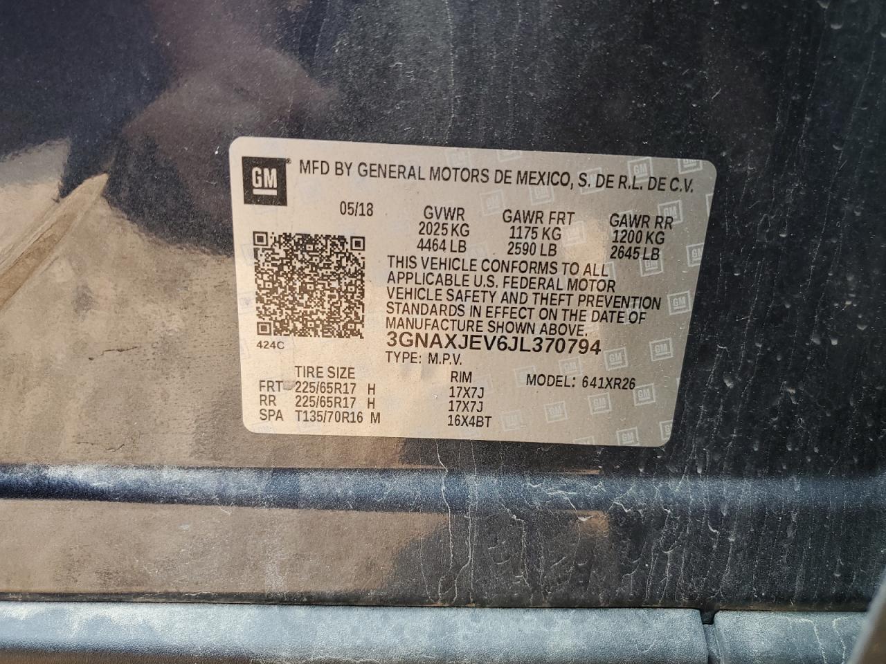 2018 Chevrolet Equinox Lt VIN: 3GNAXJEV6JL370794 Lot: 64795564