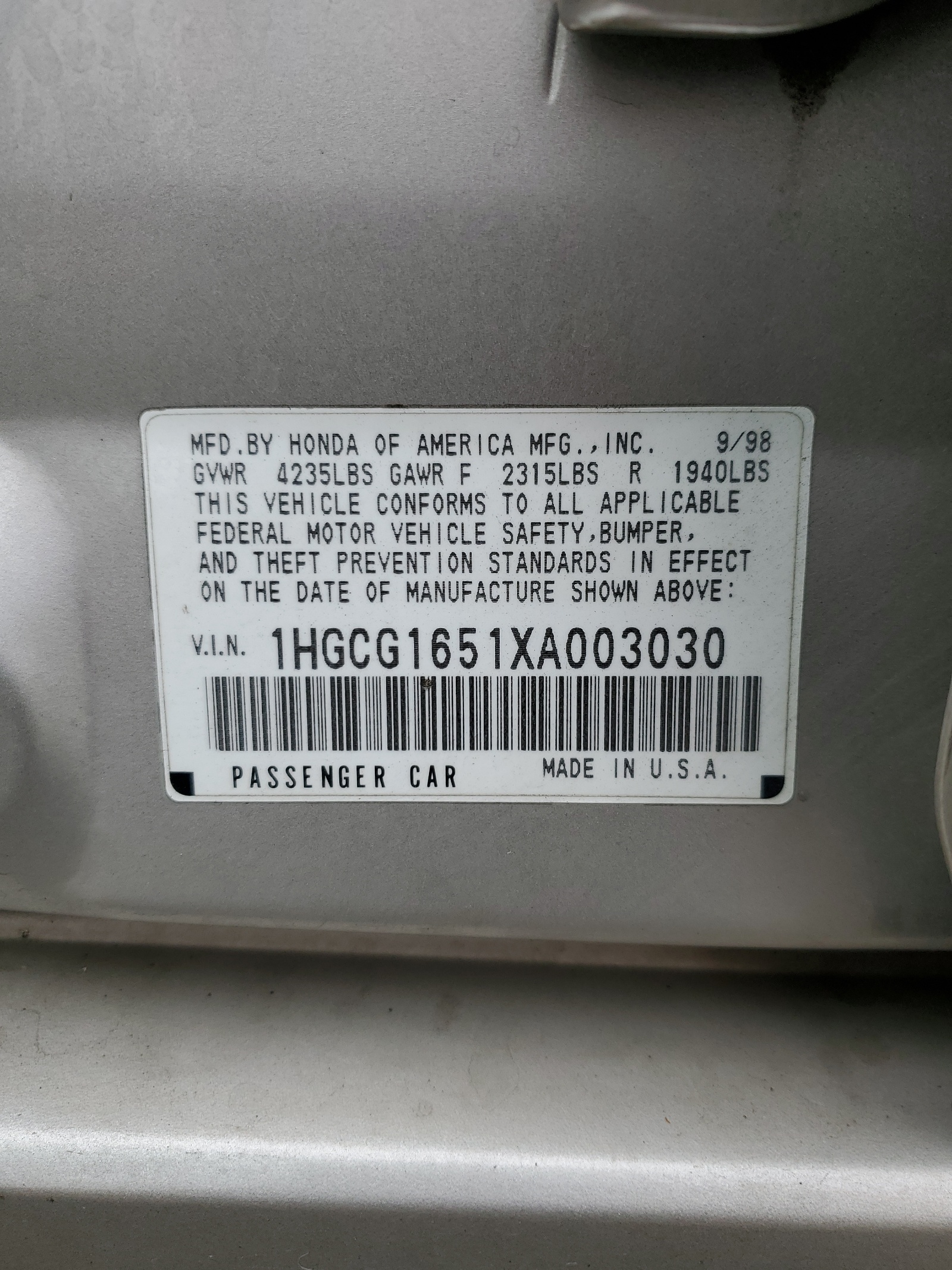 1HGCG1651XA003030 1999 Honda Accord Ex