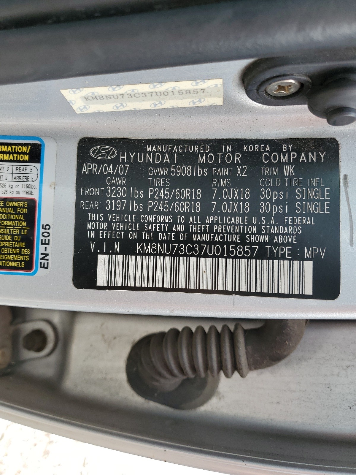 KM8NU73C37U015857 2007 Hyundai Veracruz Gls