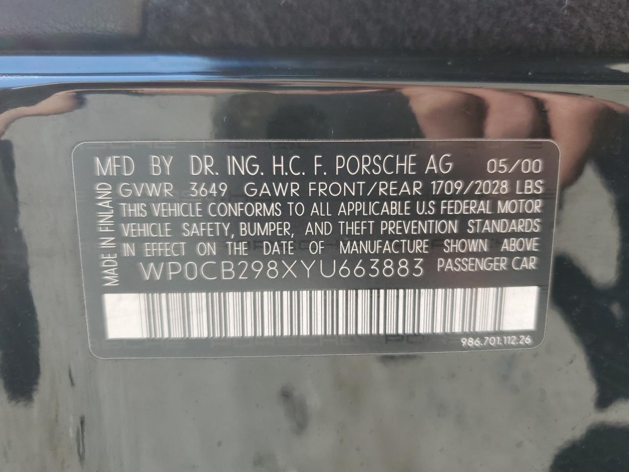 2000 Porsche Boxster S VIN: WP0CB298XYU663883 Lot: 61747184