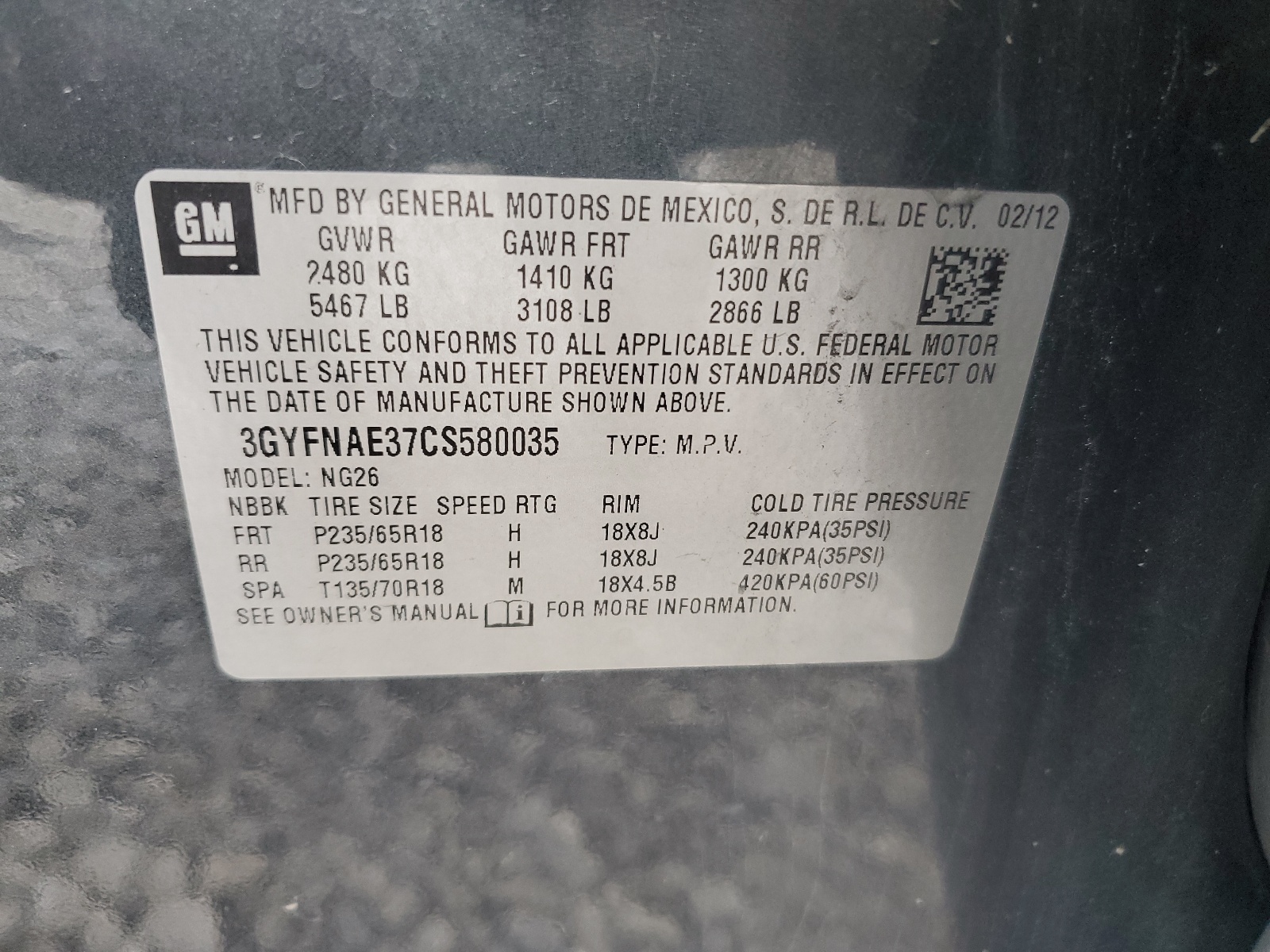 3GYFNAE37CS580035 2012 Cadillac Srx Luxury Collection