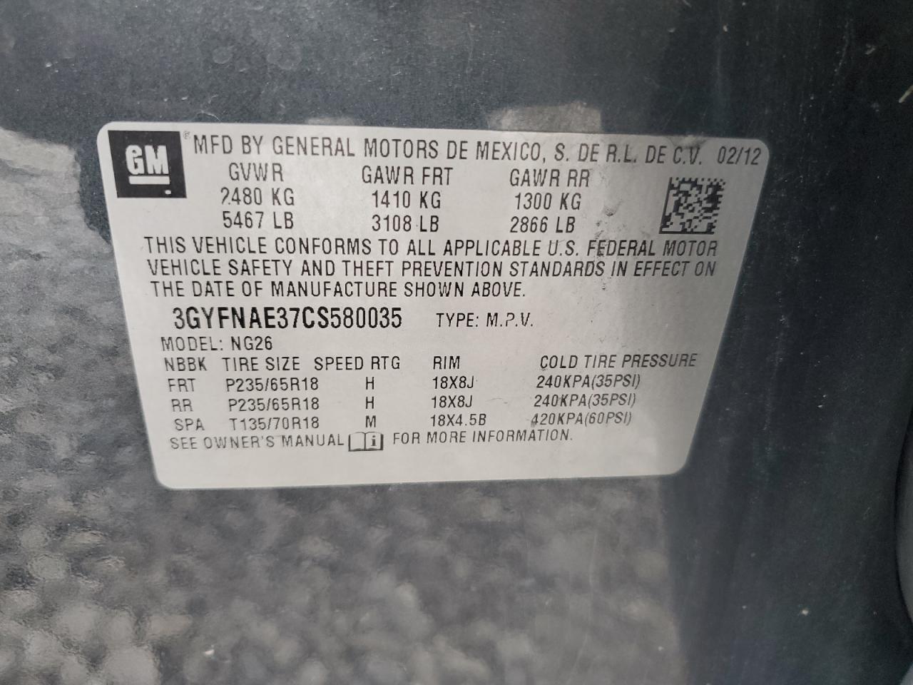 2012 Cadillac Srx Luxury Collection VIN: 3GYFNAE37CS580035 Lot: 65050764