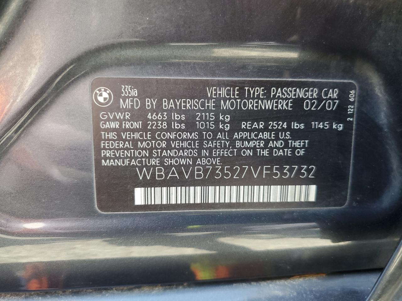 2007 BMW 335 I VIN: WBAVB73527VF53732 Lot: 63215124