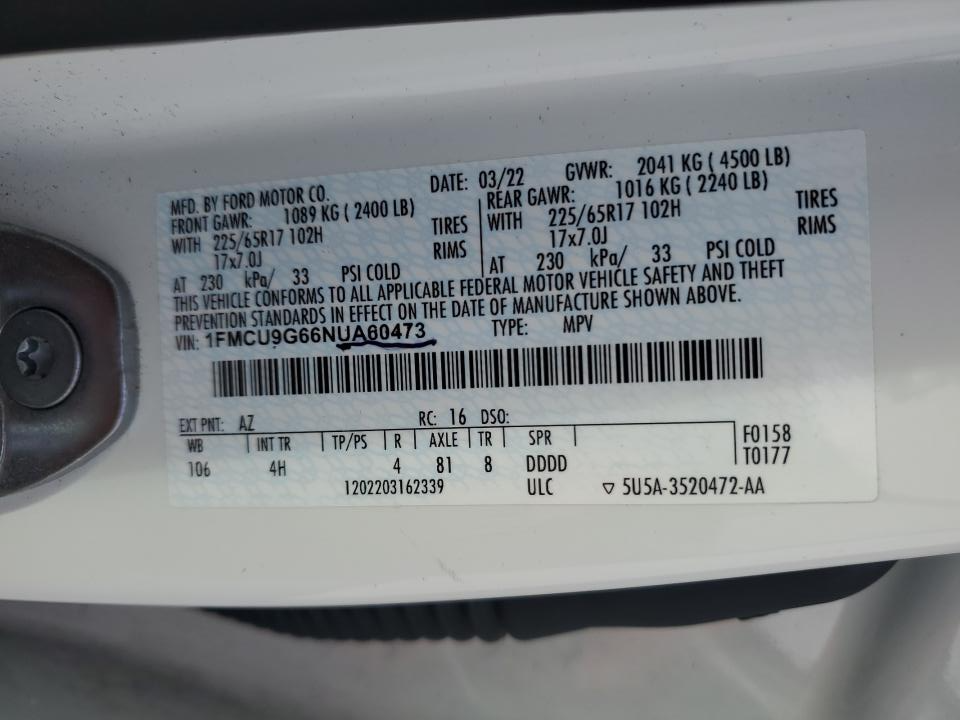 1FMCU9G66NUA60473 2022 Ford Escape Se