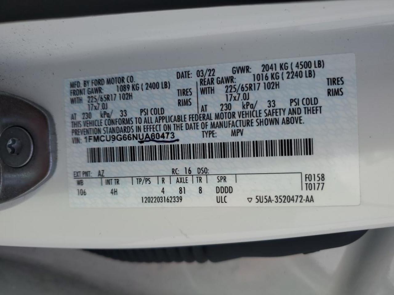 2022 Ford Escape Se VIN: 1FMCU9G66NUA60473 Lot: 64772804