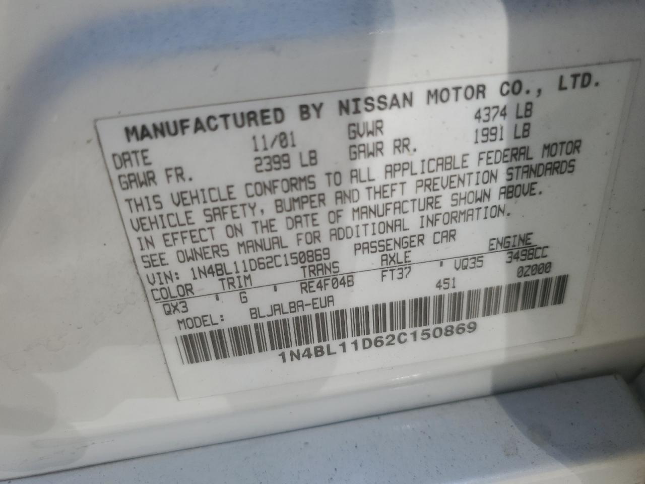 1N4BL11D62C150869 2002 Nissan Altima Se