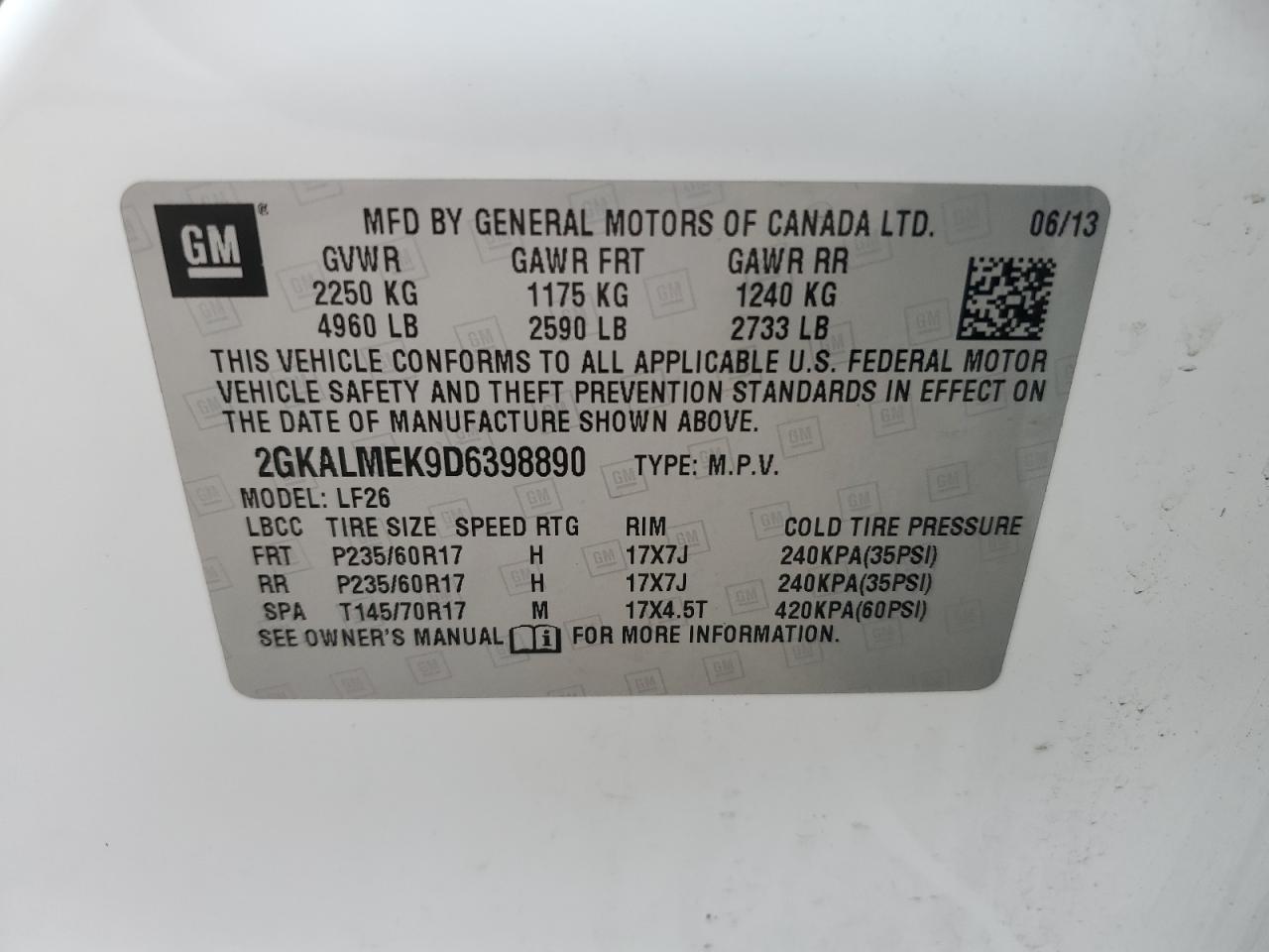 2013 GMC Terrain Sle VIN: 2GKALMEK9D6398890 Lot: 60946884