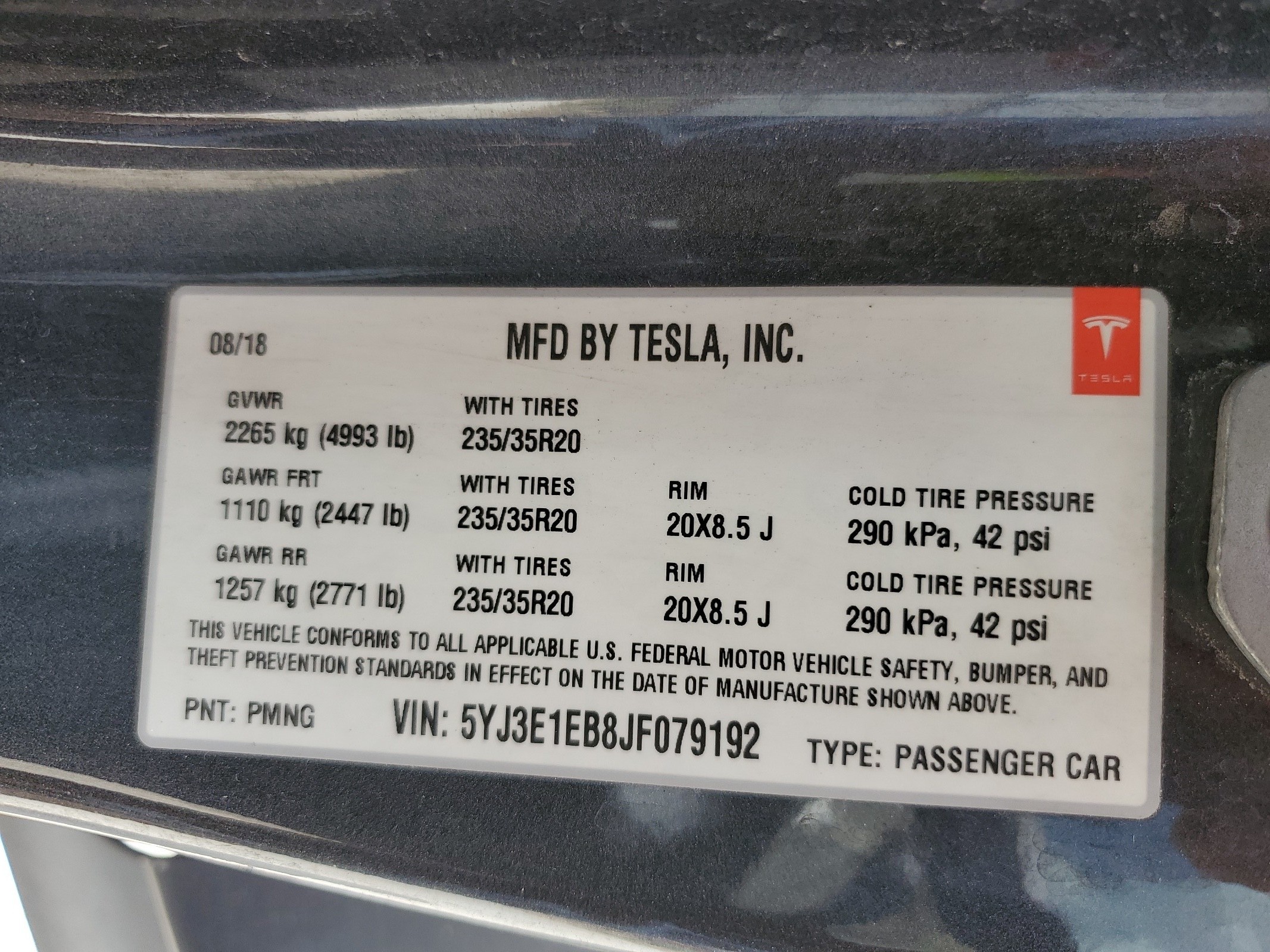 5YJ3E1EB8JF079192 2018 Tesla Model 3