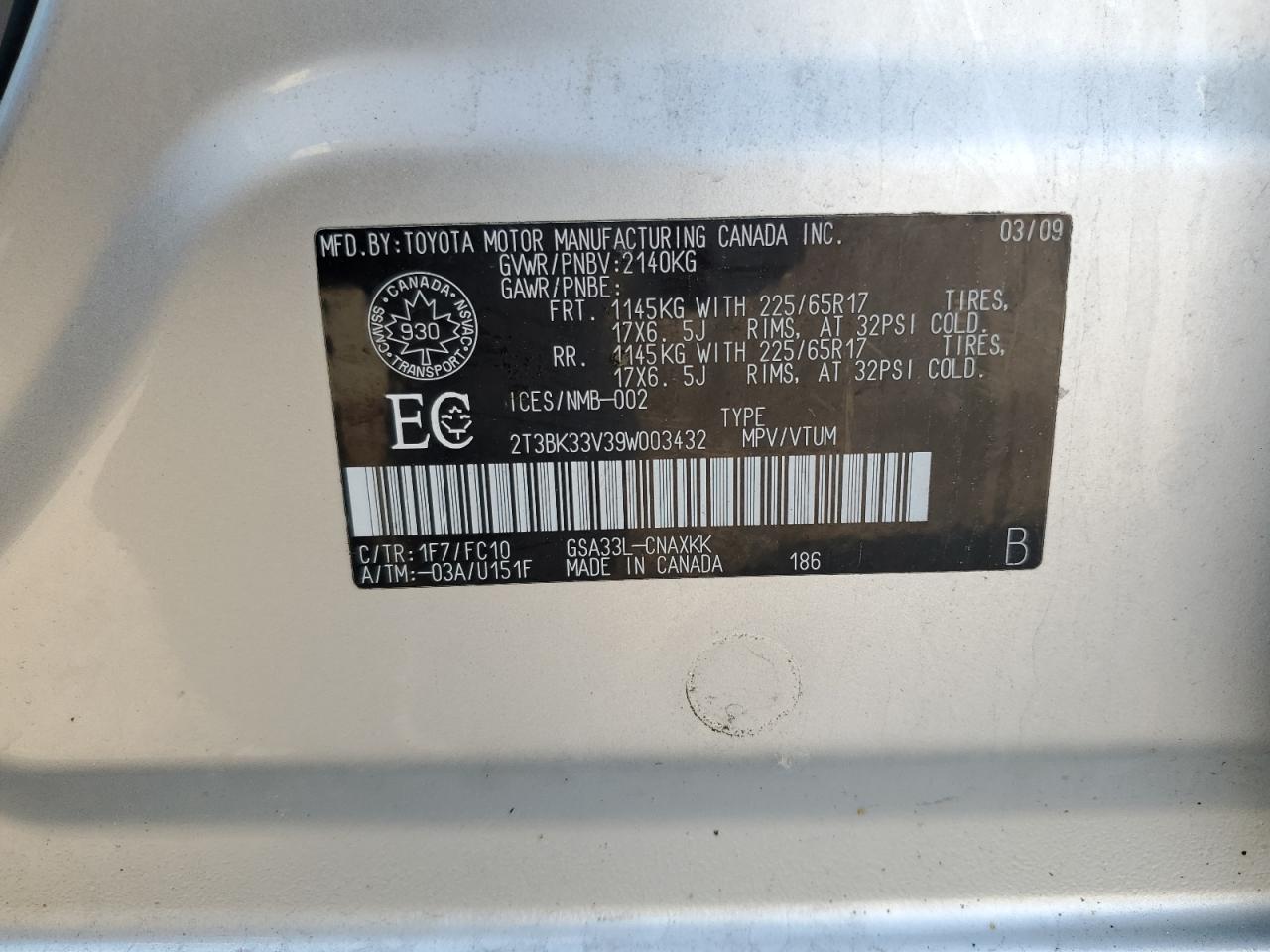 2009 Toyota Rav4 VIN: 2T3BK33V39W003432 Lot: 61899354