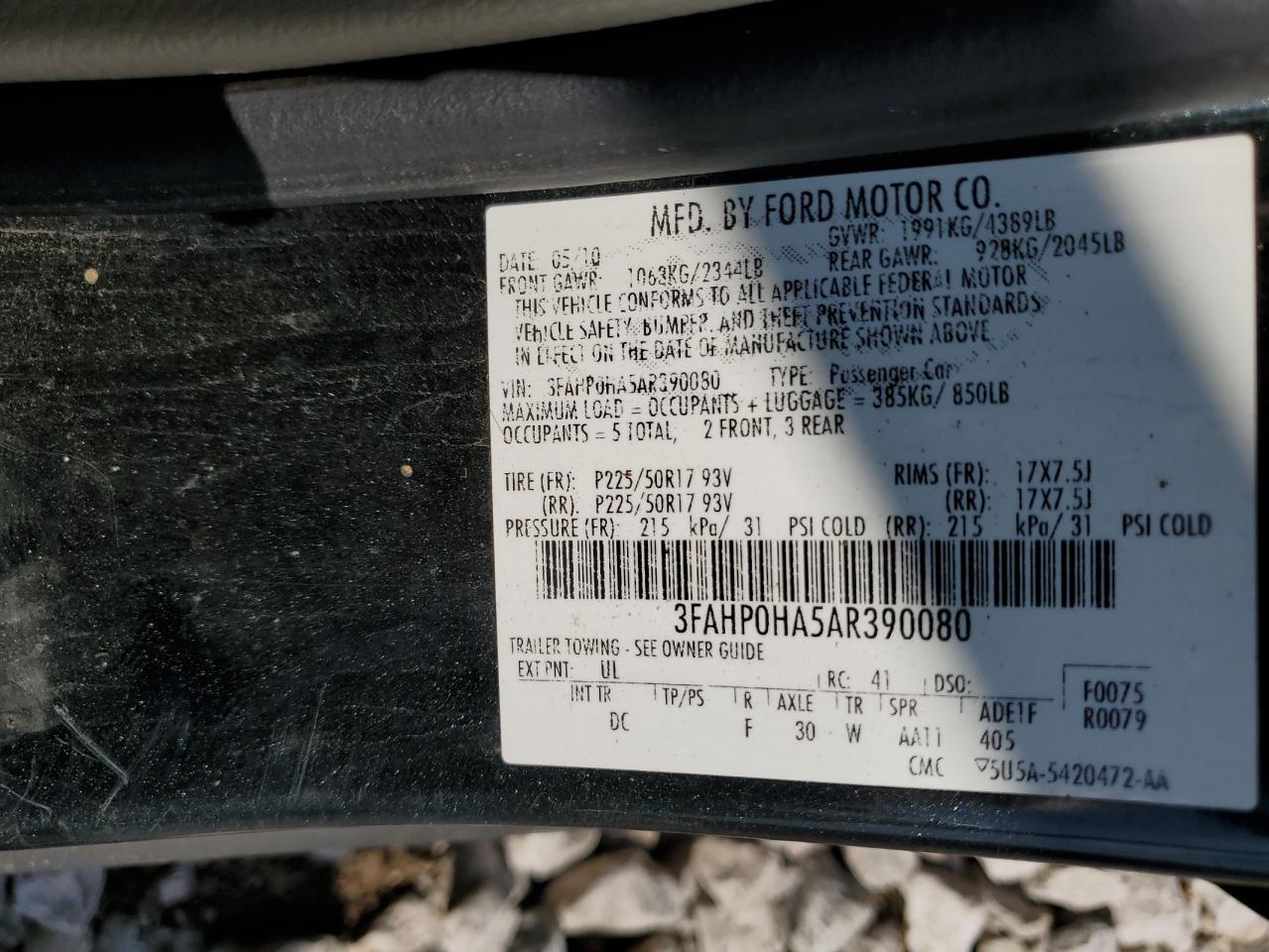 2010 Ford Fusion Se VIN: 3FAHP0HA5AR390080 Lot: 63000664