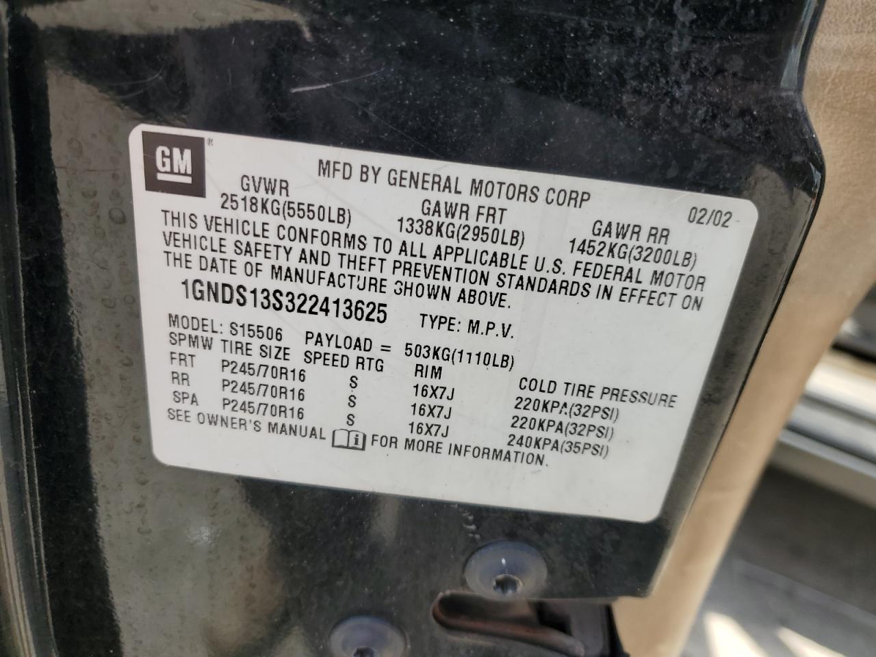 2002 Chevrolet Trailblazer VIN: 1GNDS13S322413625 Lot: 65322304