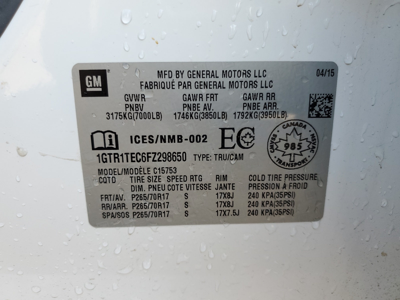 1GTR1TEC6FZ298650 2015 GMC Sierra C1500