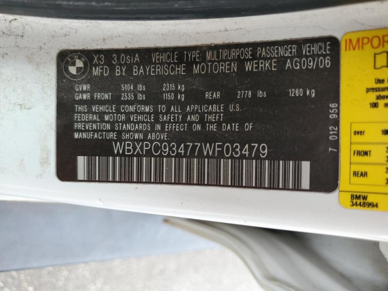 2007 BMW X3 3.0Si VIN: WBXPC93477WF03479 Lot: 62324264