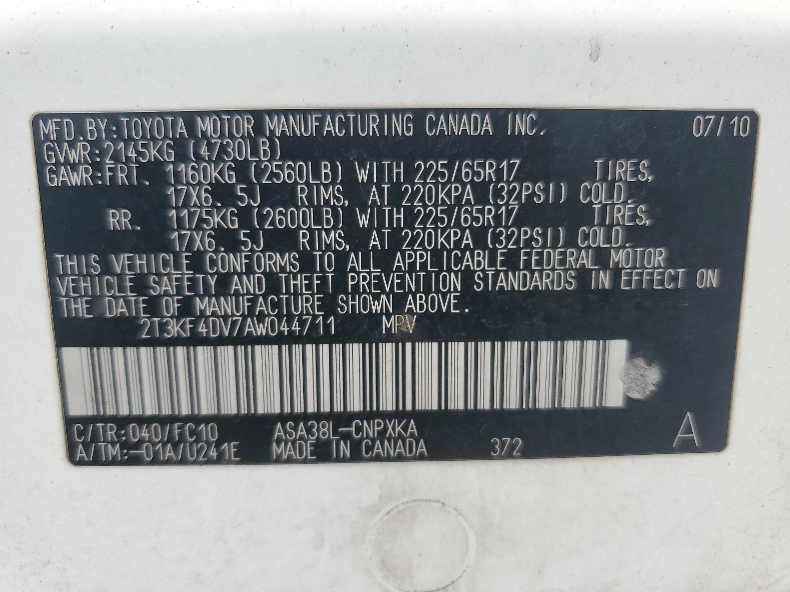 2T3KF4DV7AW044711 2010 Toyota Rav4