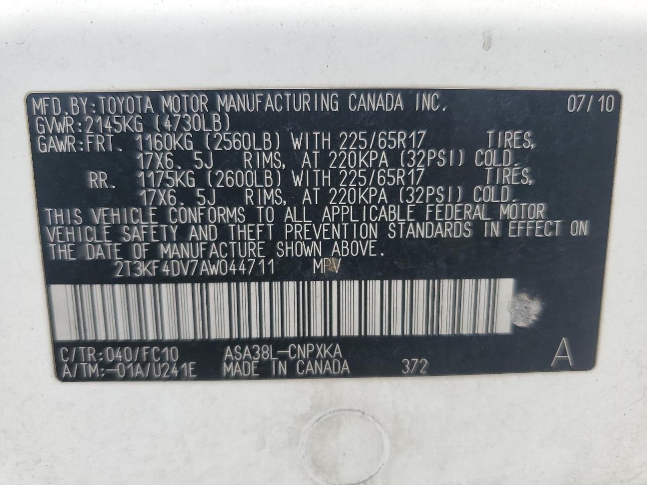 2010 Toyota Rav4 VIN: 2T3KF4DV7AW044711 Lot: 64235344