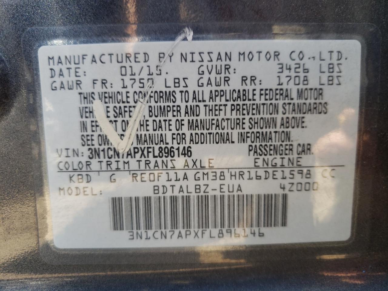 VIN 3N1CN7APXFL896146 2015 NISSAN VERSA no.13