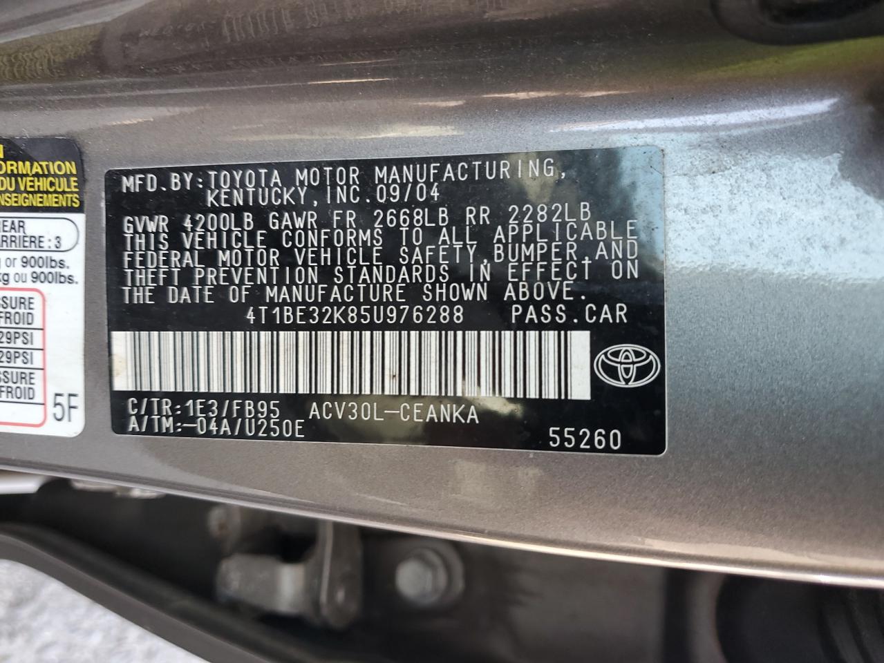 2005 Toyota Camry Le VIN: 4T1BE32K85U976288 Lot: 61989454