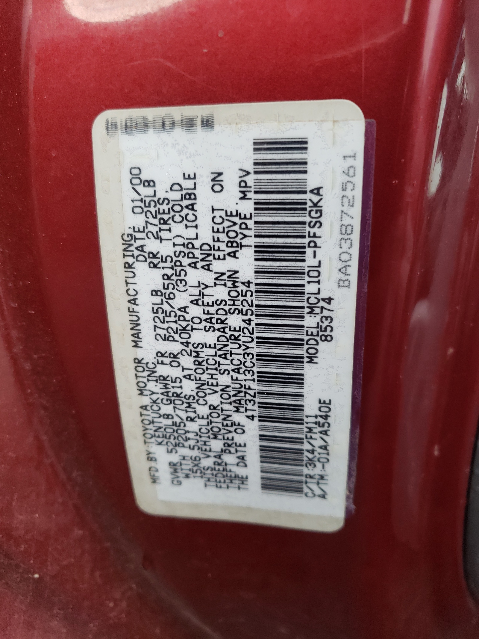 4T3ZF13C3YU245254 2000 Toyota Sienna Le