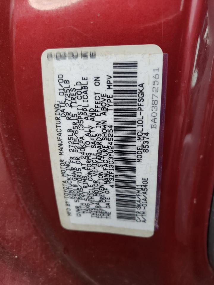 2000 Toyota Sienna Le VIN: 4T3ZF13C3YU245254 Lot: 61238234