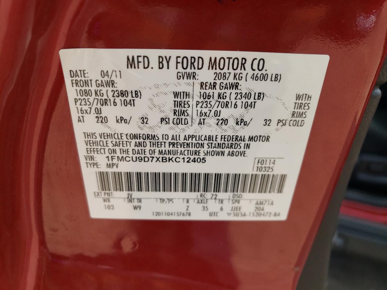 2011 Ford Escape Xlt VIN: 1FMCU9D7XBKC12405 Lot: 63133204