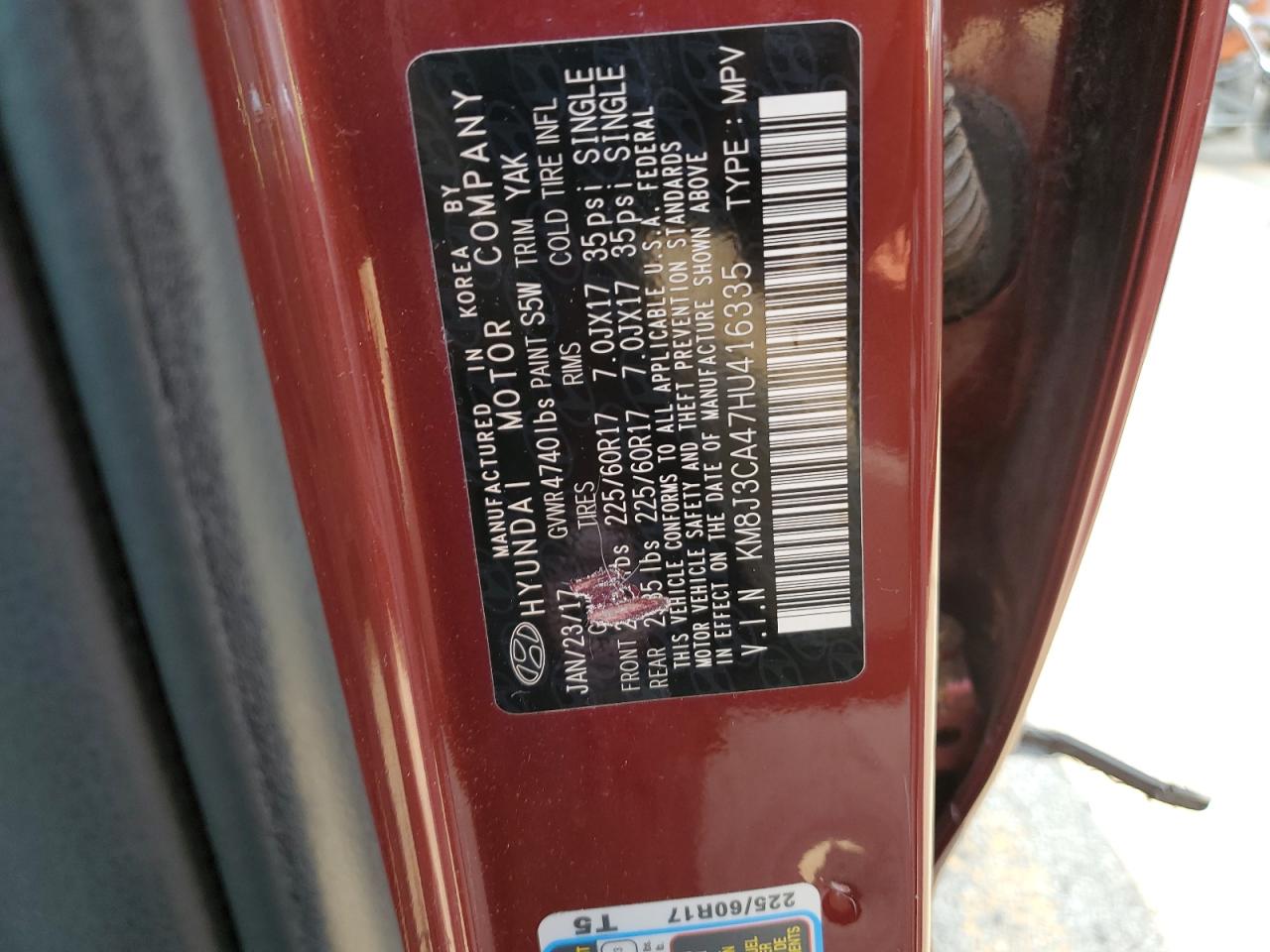 2017 Hyundai Tucson Limited VIN: KM8J3CA47HU416335 Lot: 63520374