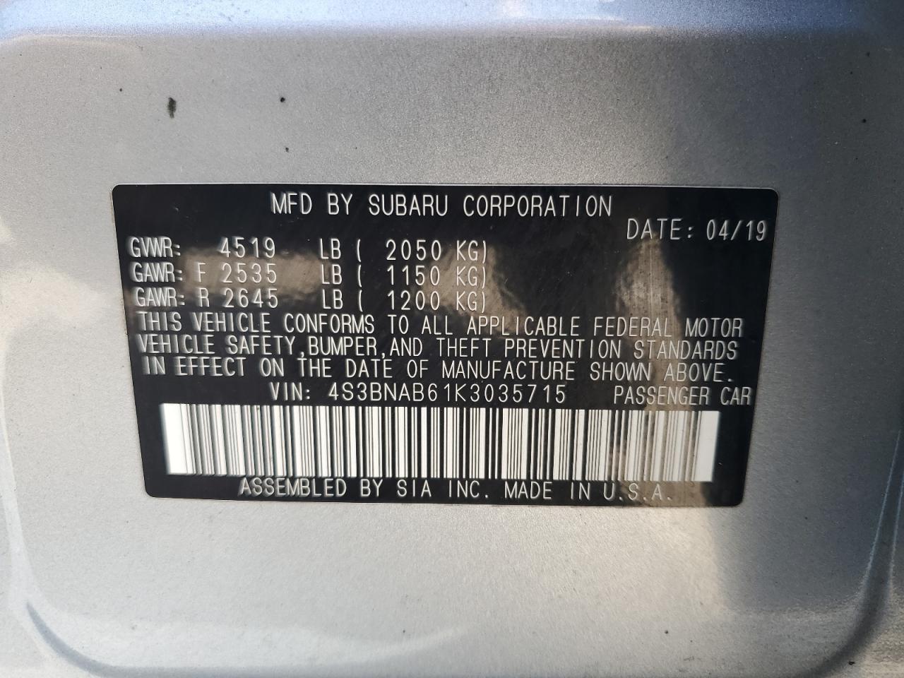 2019 Subaru Legacy 2.5I VIN: 4S3BNAB61K3035715 Lot: 60943734