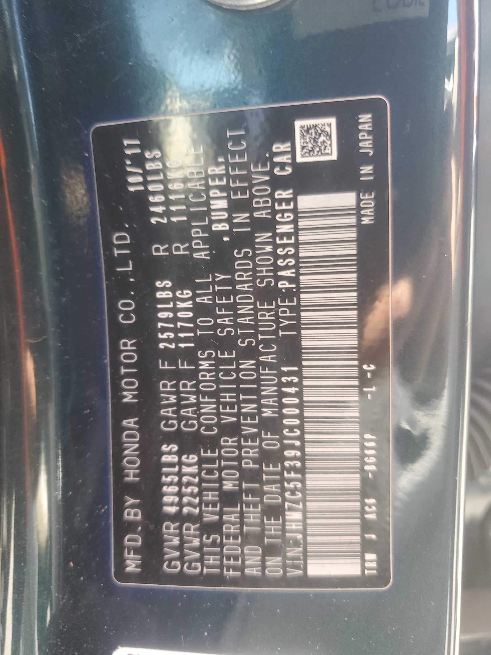 JHMZC5F39JC000431 2018 Honda Clarity Touring