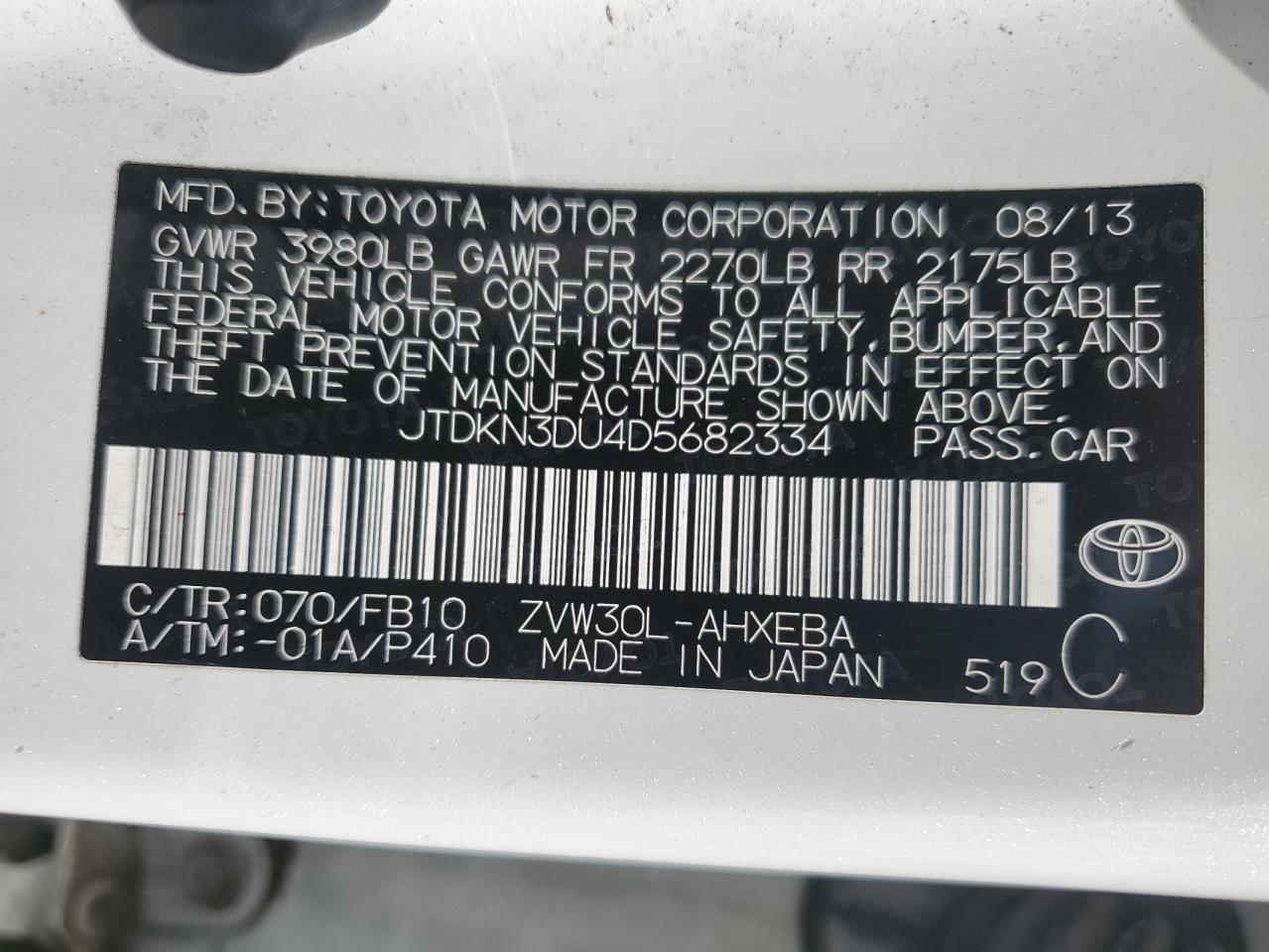 VIN JTDKN3DU4D5682334 2013 TOYOTA PRIUS no.12