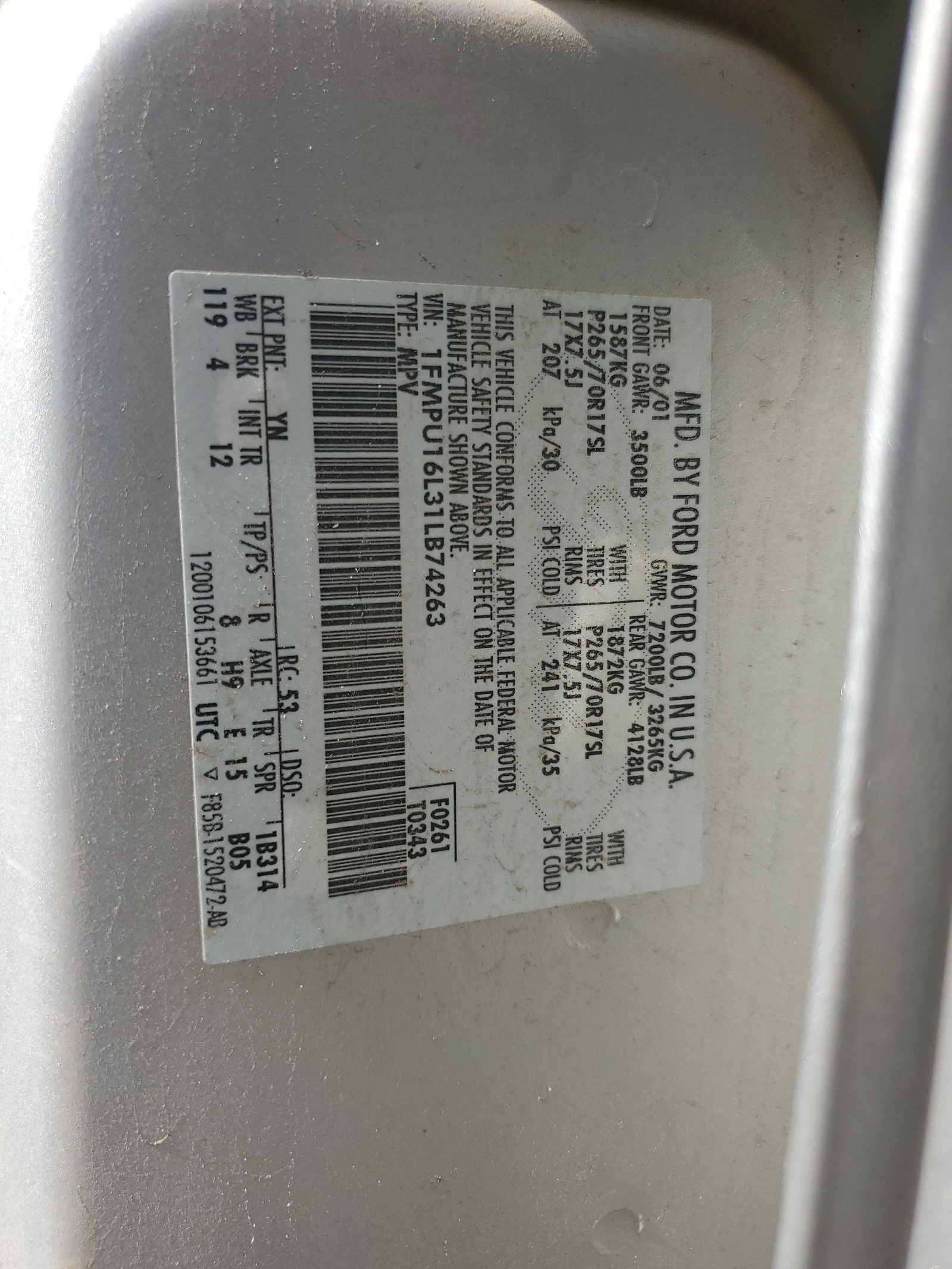 1FMPU16L31LB74263 2001 Ford Expedition Xlt