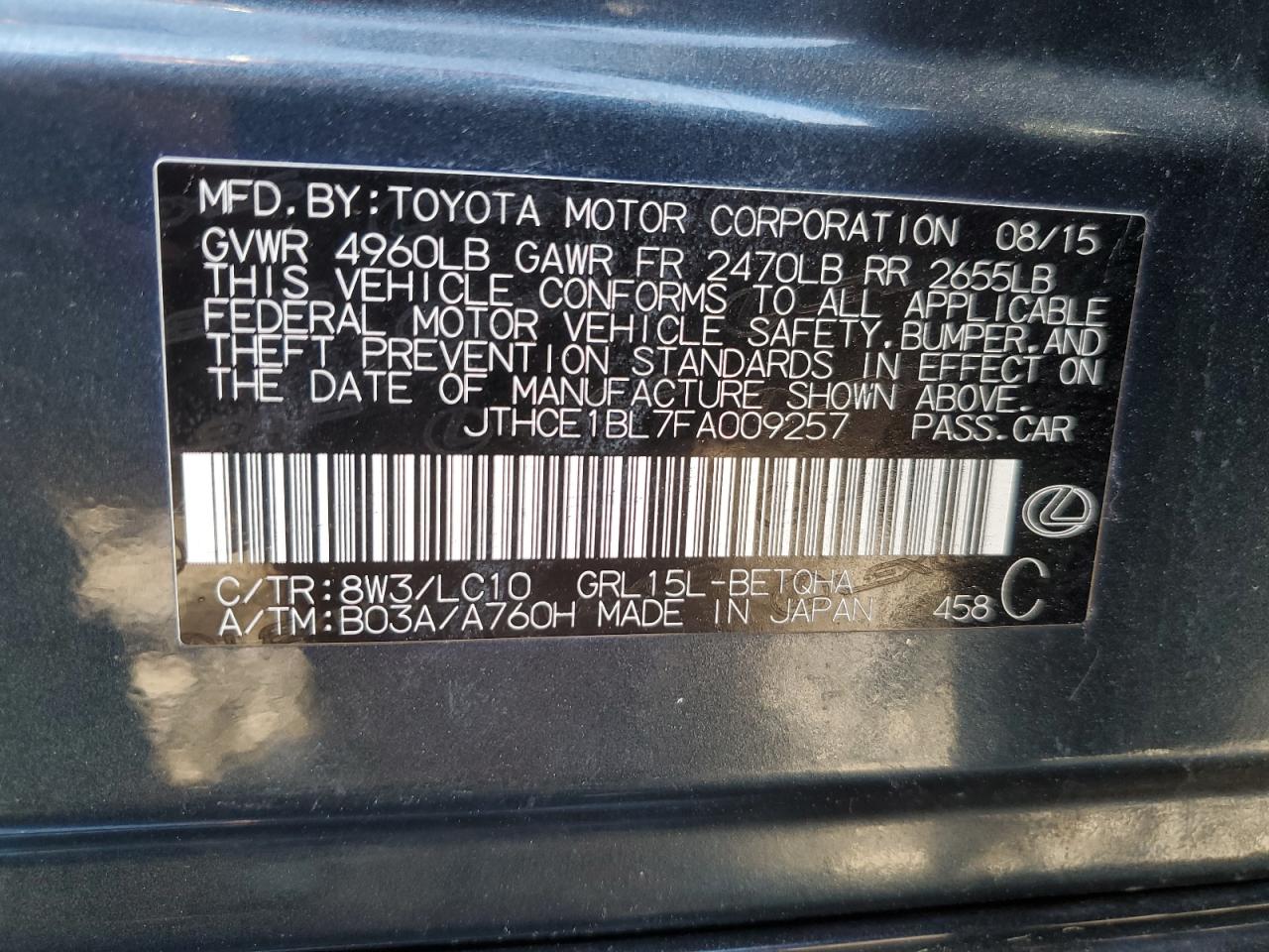 2015 Lexus Gs 350 VIN: JTHCE1BL7FA009257 Lot: 62071674