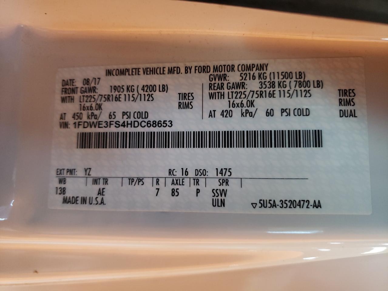 2017 Ford Econoline E350 Super Duty Cutaway Van VIN: 1FDWE3FS4HDC68653 Lot: 83923404