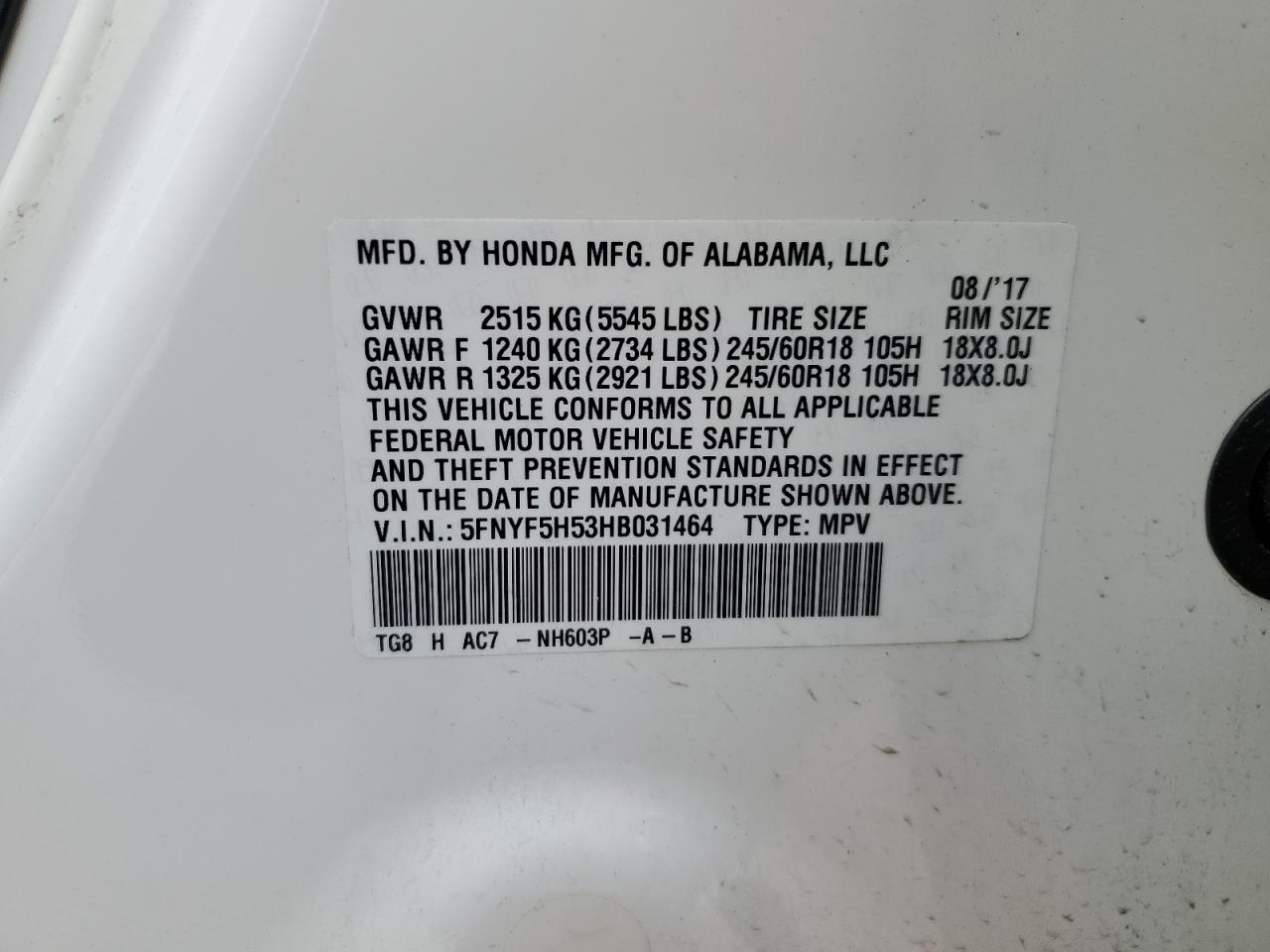 2017 Honda Pilot Exl VIN: 5FNYF5H53HB031464 Lot: 63964354