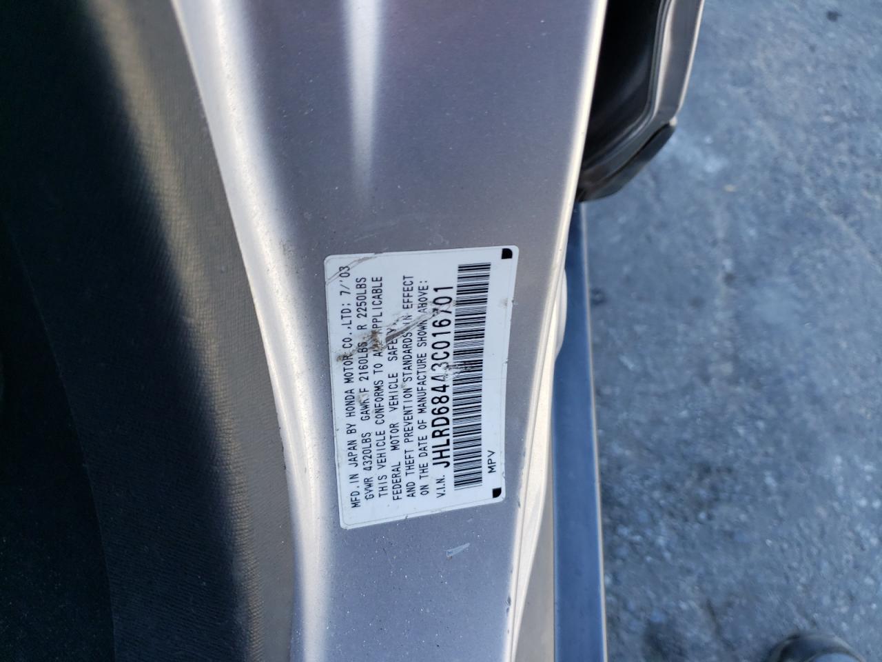 2003 Honda Cr-V Lx VIN: JHLRD68443C016701 Lot: 62018854