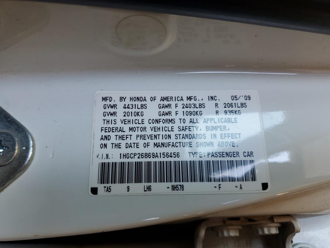 2009 Honda Accord Exl VIN: 1HGCP26869A156456 Lot: 63617284