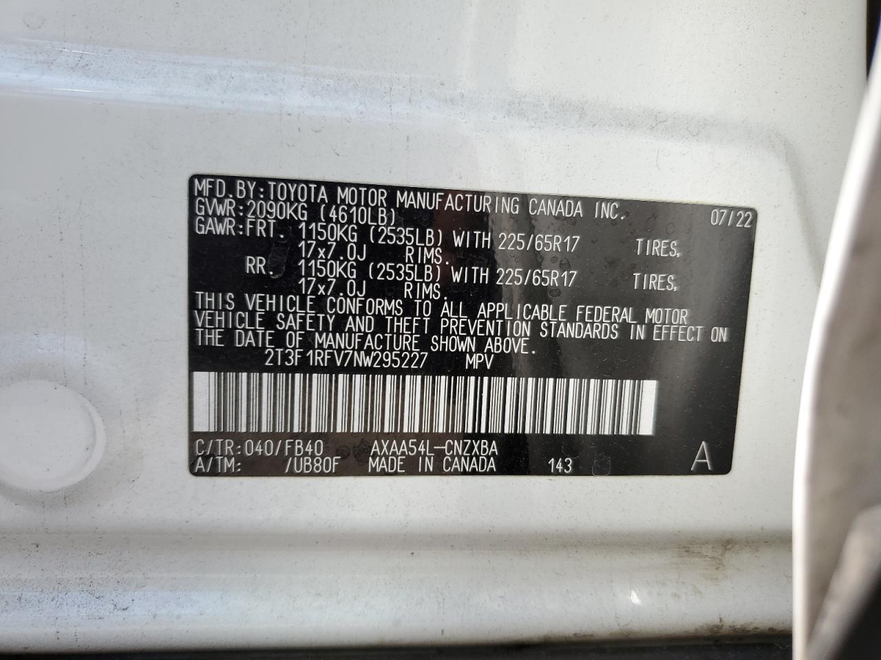 2022 Toyota Rav4 Le VIN: 2T3F1RFV7NW295227 Lot: 63675654