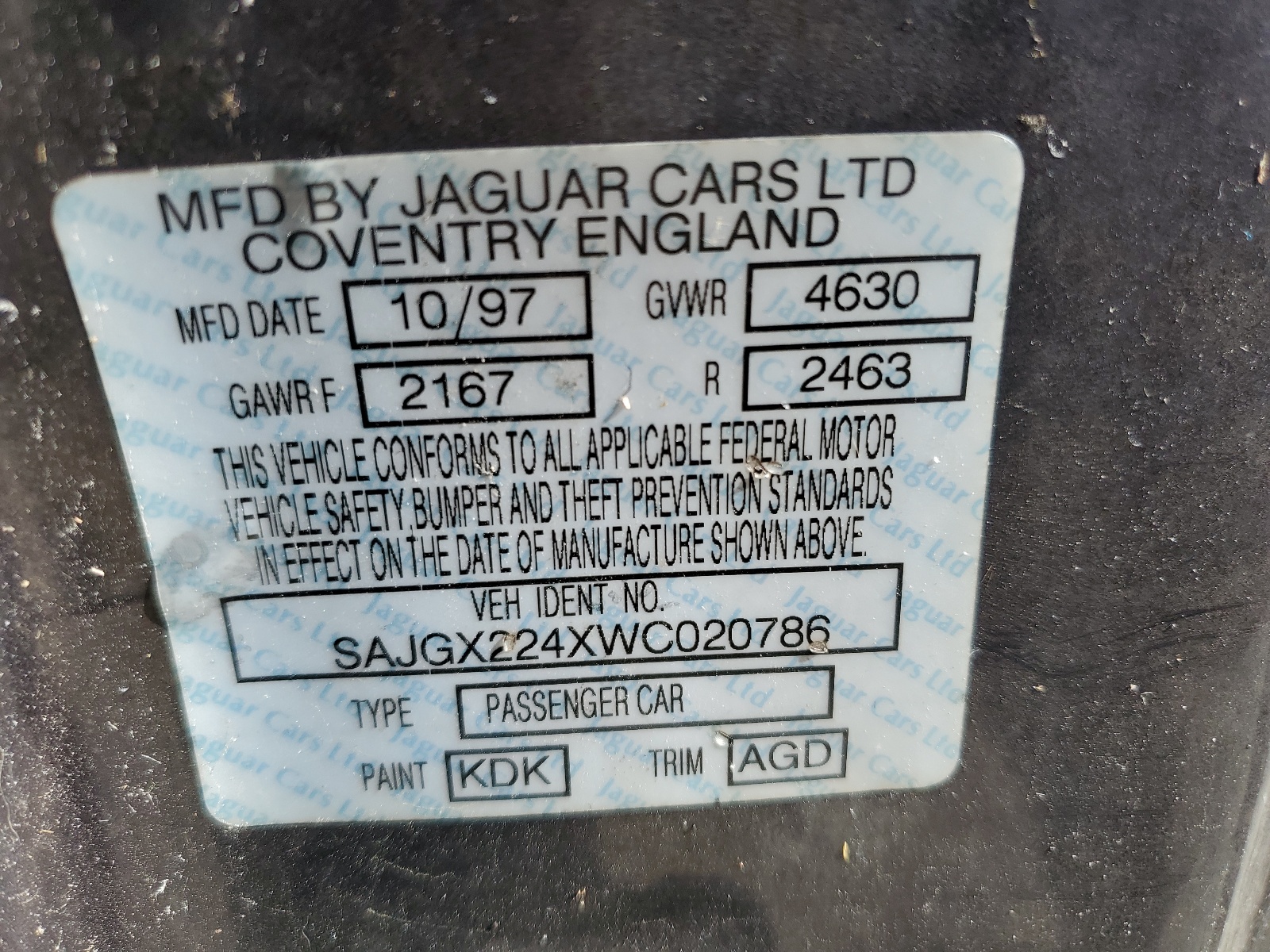 SAJGX224XWC020786 1998 Jaguar Xk8