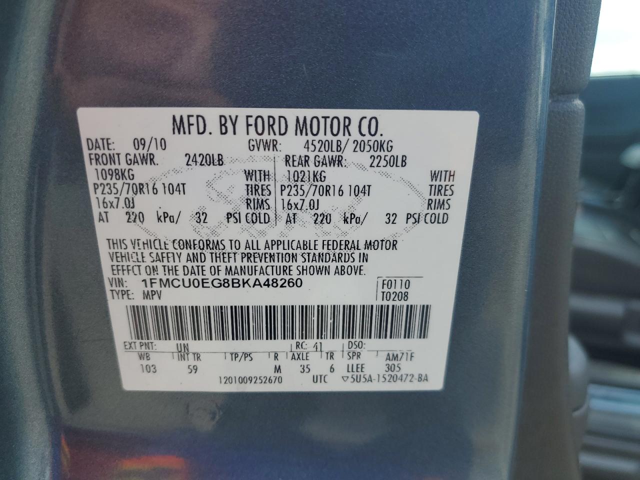 2011 Ford Escape Limited VIN: 1FMCU0EG8BKA48260 Lot: 61144314