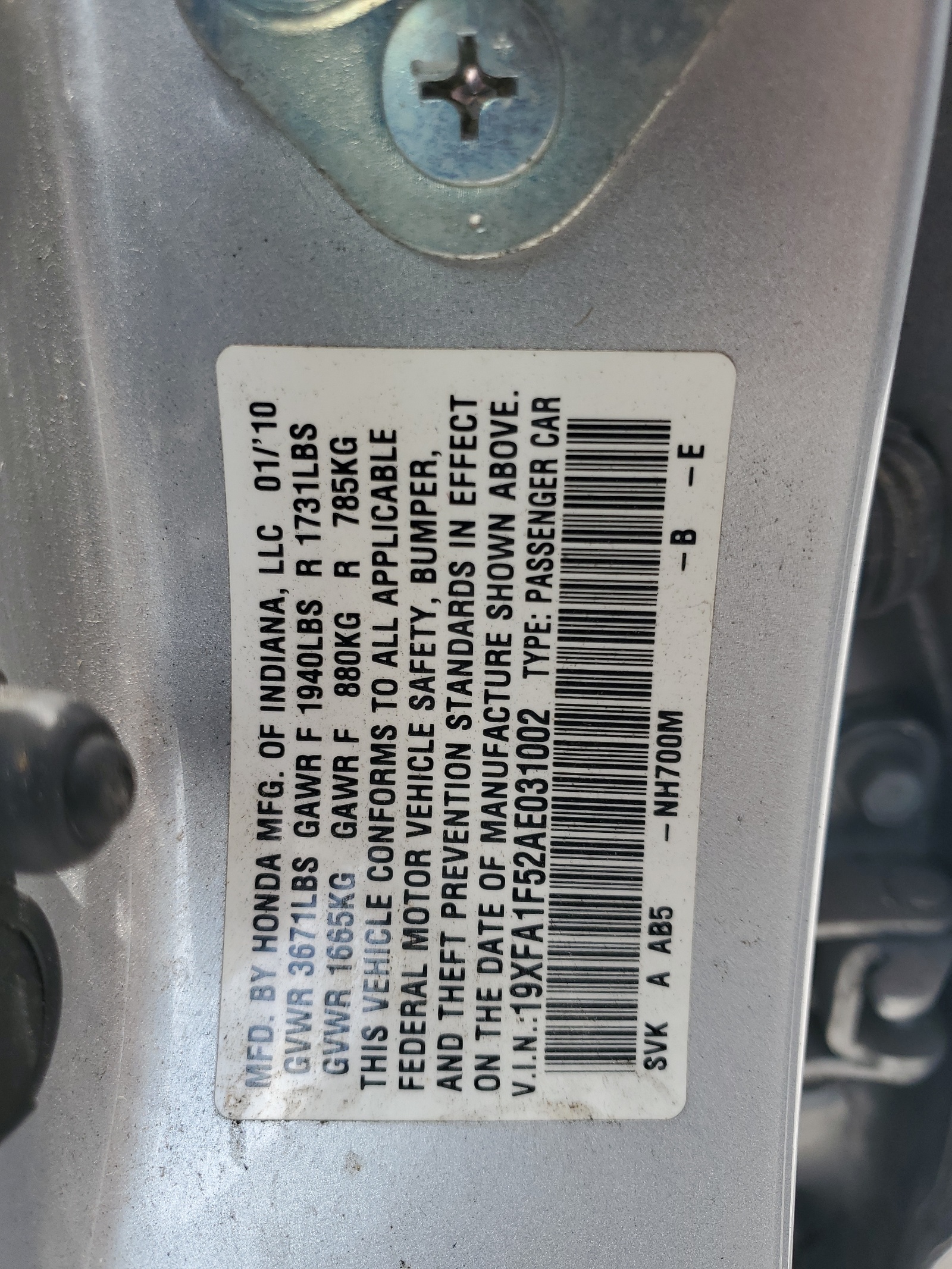 19XFA1F52AE031002 2010 Honda Civic Lx