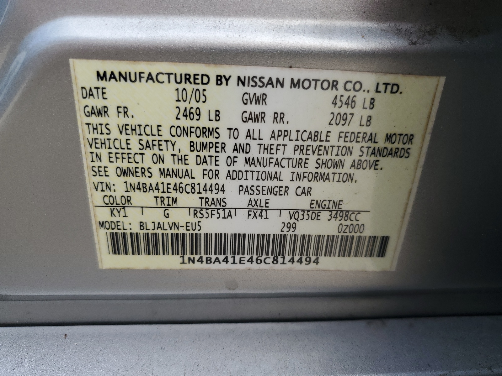 1N4BA41E46C814494 2006 Nissan Maxima Se