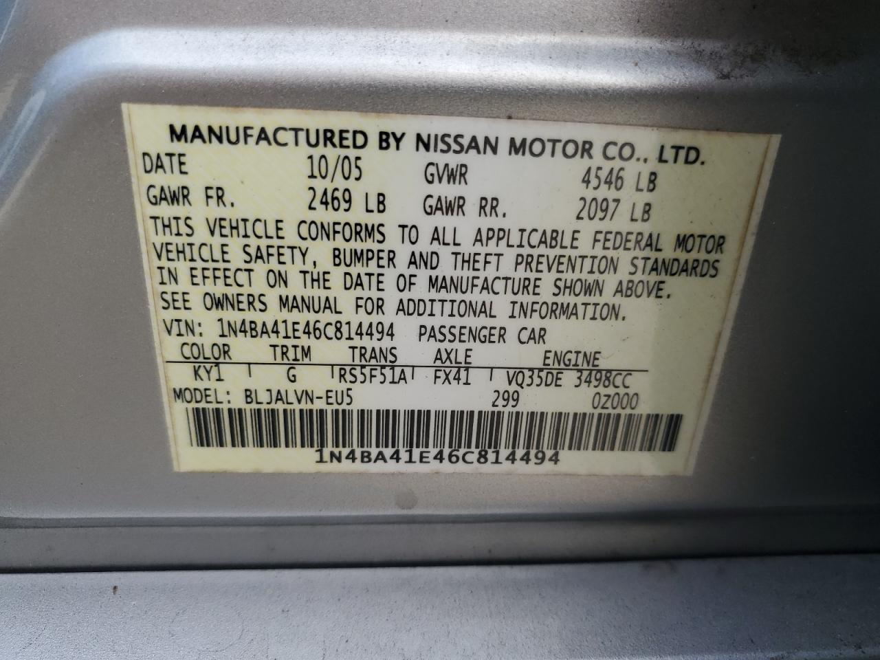 2006 Nissan Maxima Se VIN: 1N4BA41E46C814494 Lot: 64790564