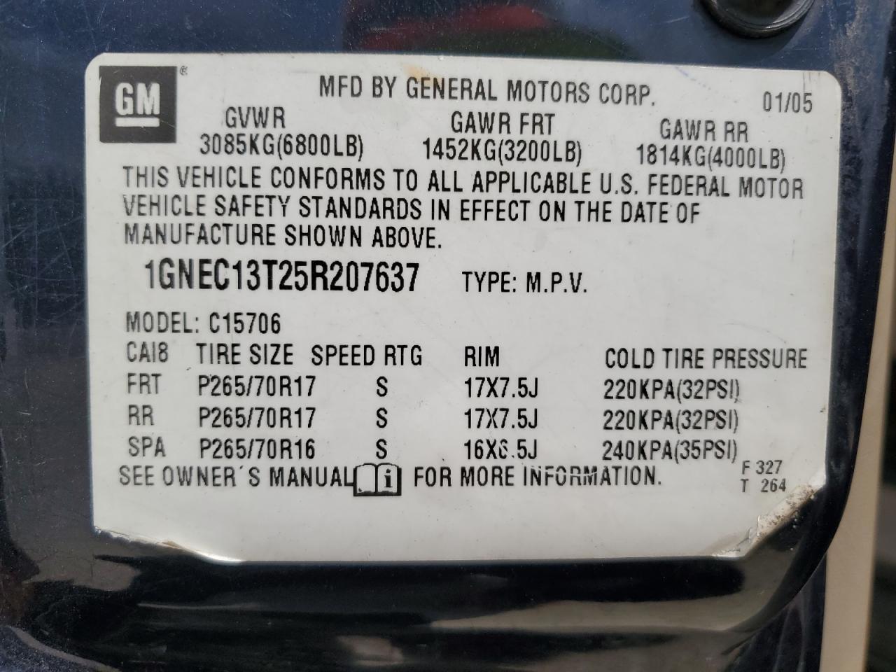 2005 Chevrolet Tahoe C1500 VIN: 1GNEC13T25R207637 Lot: 63678984