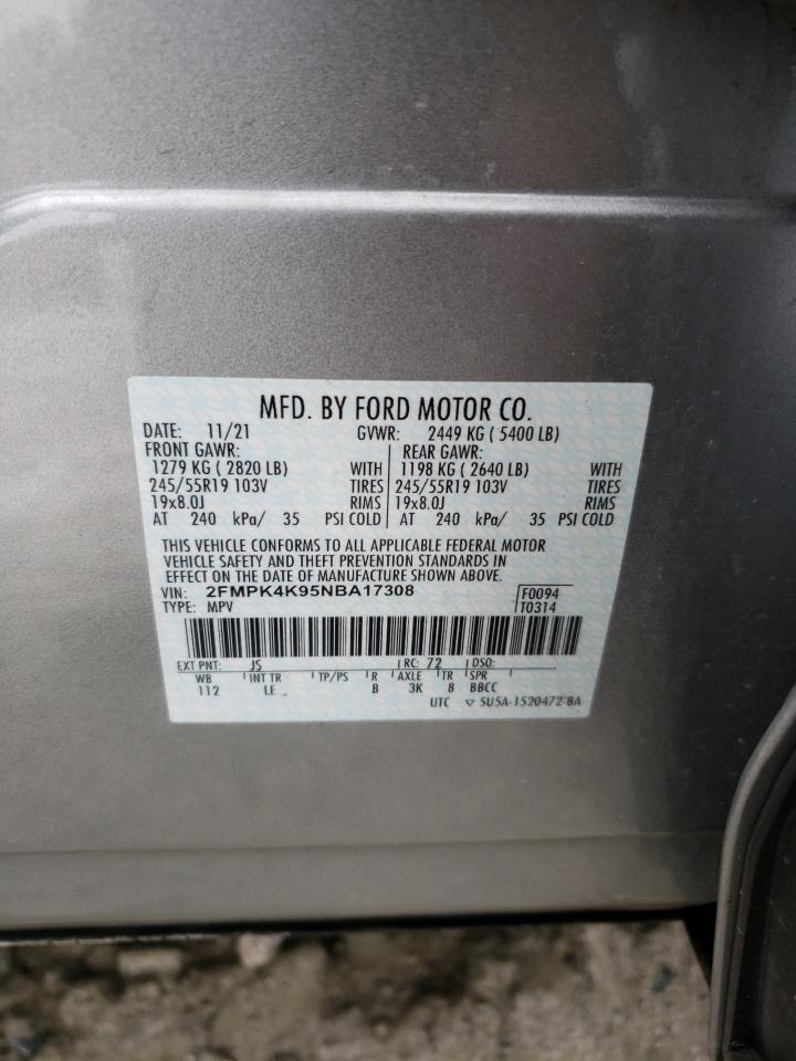 2022 Ford Edge Titanium VIN: 2FMPK4K95NBA17308 Lot: 65585684