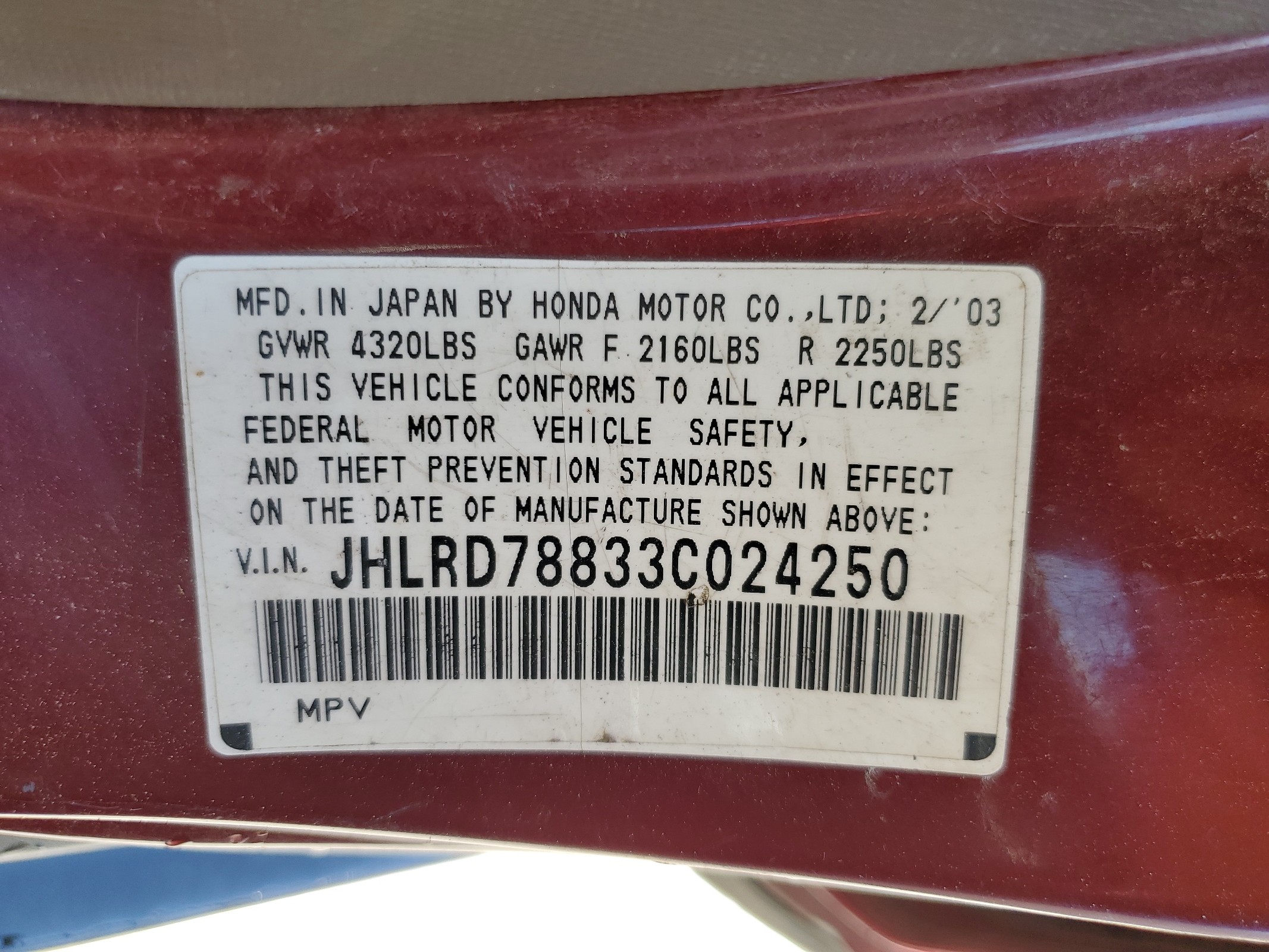 JHLRD78833C024250 2003 Honda Cr-V Ex