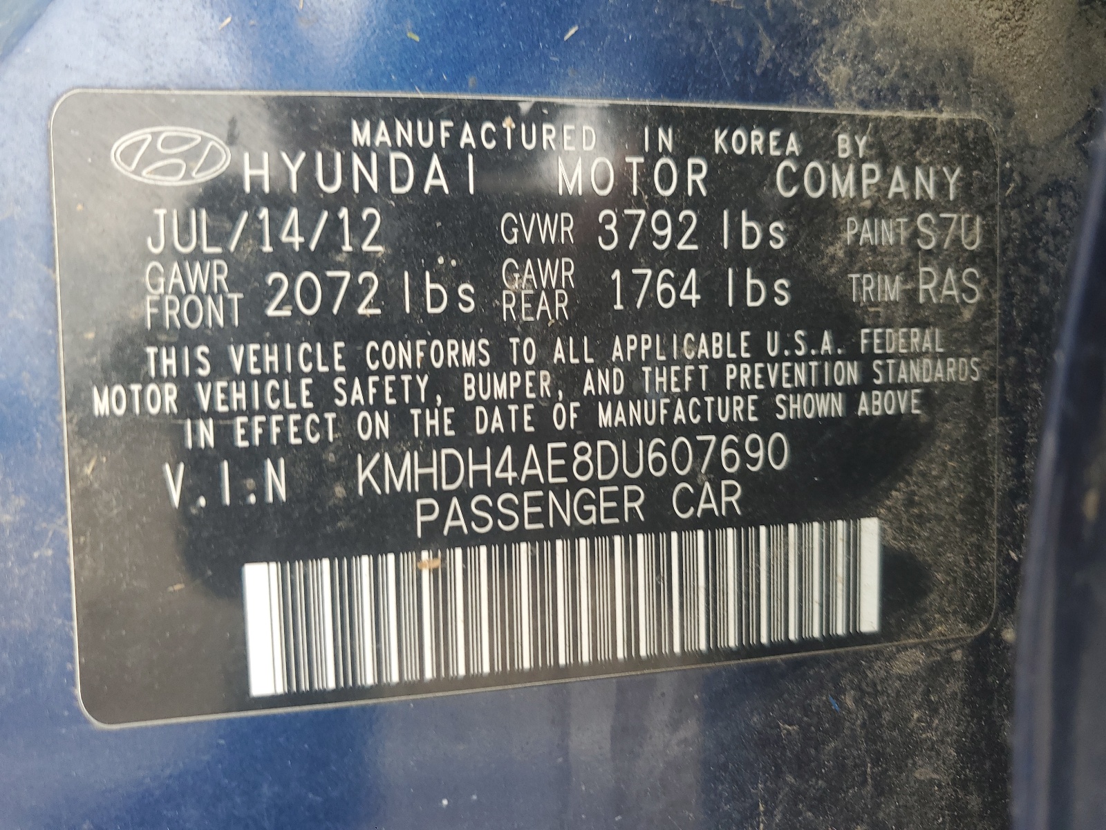 2013 Hyundai Elantra Gls vin: KMHDH4AE8DU607690