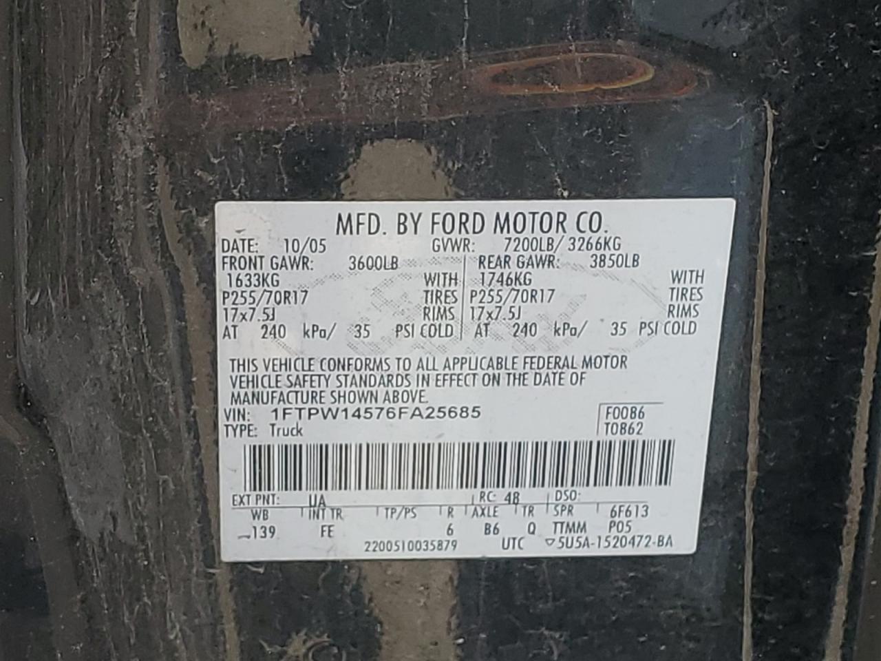 2006 Ford F150 Supercrew VIN: 1FTPW14576FA25685 Lot: 65802304