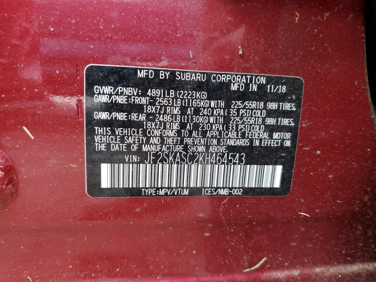 2019 Subaru Forester Limited VIN: JF2SKASC2KH464543 Lot: 65083934