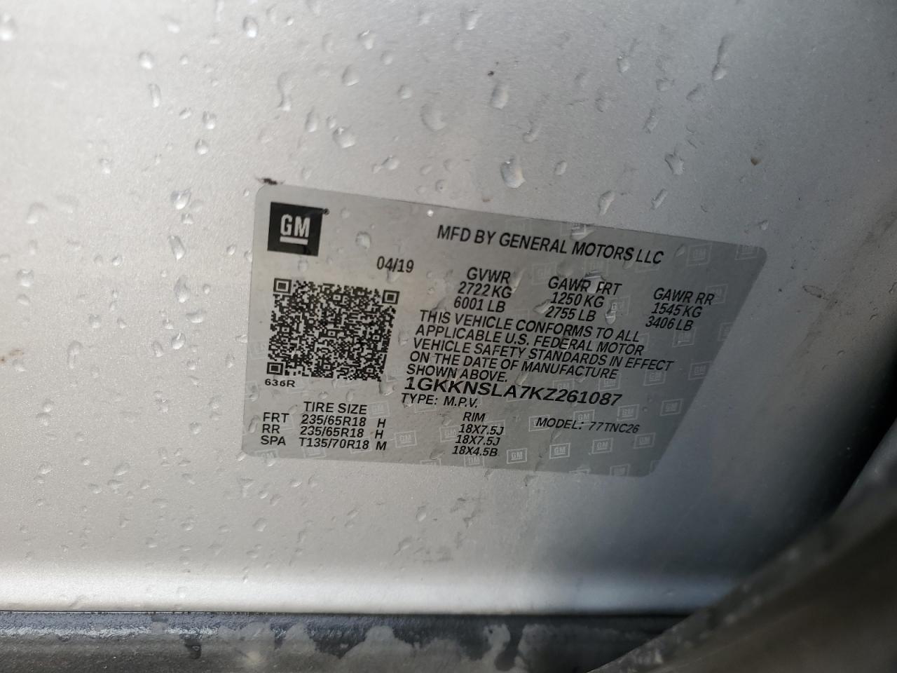 1GKKNSLA7KZ261087 2019 GMC Acadia Sle